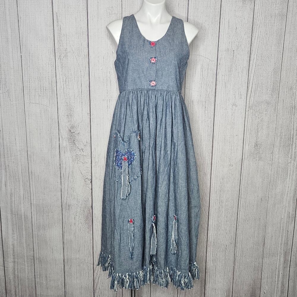 VTG Handmade Denim Dress with Fringe Hem, Heart Pocket & Buttons, size Small